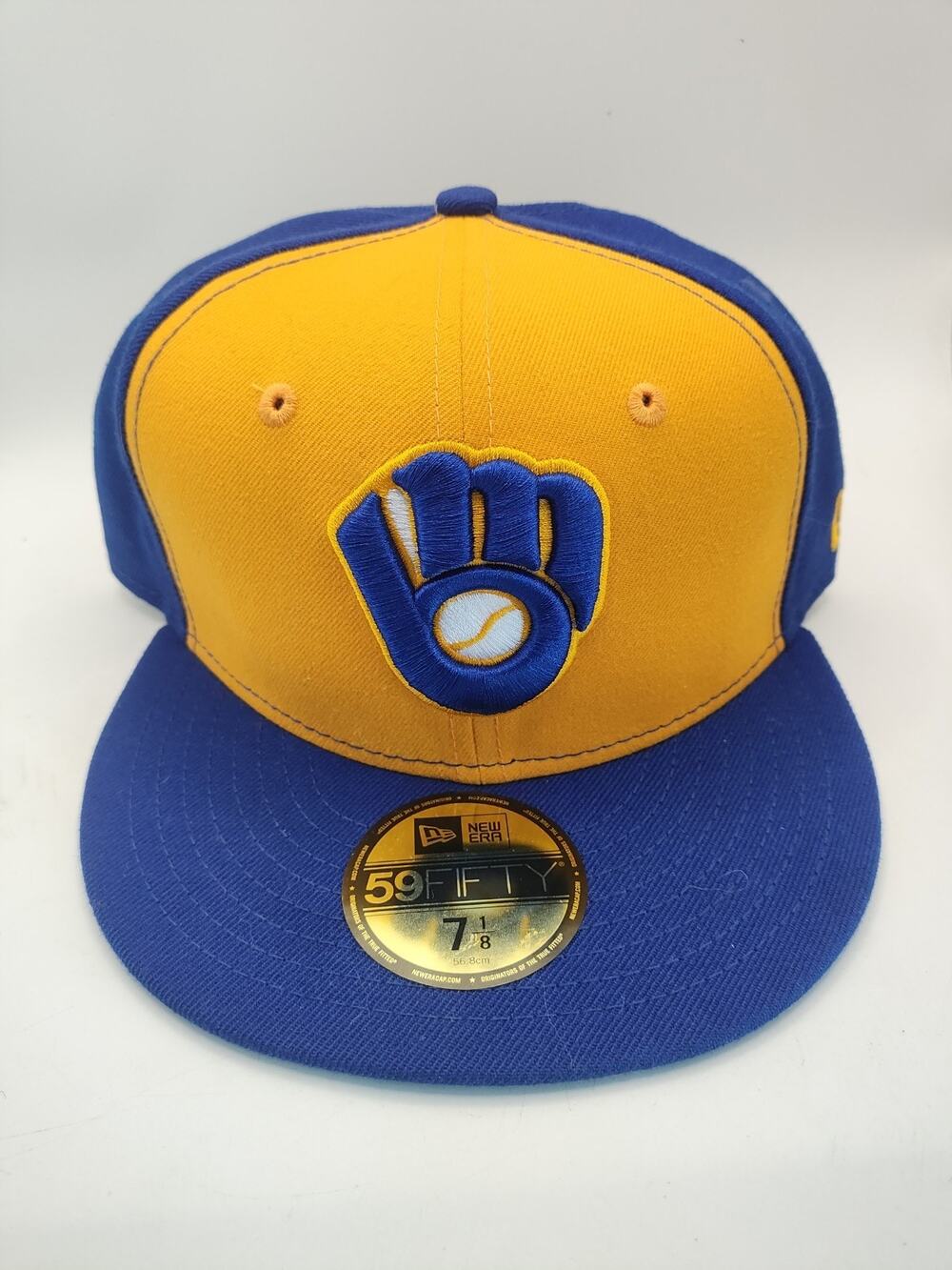 Milwaukee Brewers hat Men 7 1/8 Cooperstown Blue Yellow New Era 59Fifty MLB T25